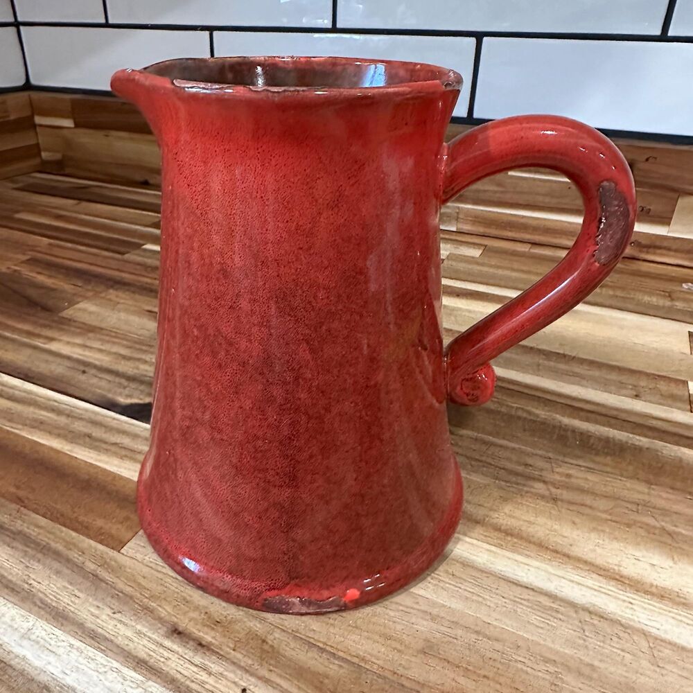 Vintage Brick Red Art Pottery Pitcher - Distressed Rustic Cottagecore Style
